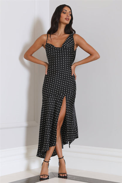 Dotted Moment Satin Polka Dot Midi Dress Black