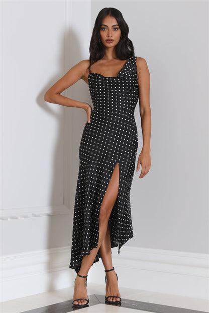 Dotted Moment Satin Polka Dot Midi Dress Black