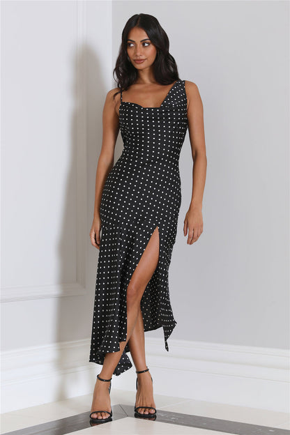 Dotted Moment Satin Polka Dot Midi Dress Black