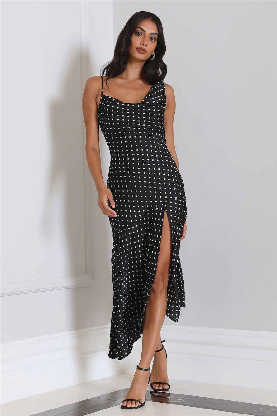 Dotted Moment Satin Polka Dot Midi Dress Black