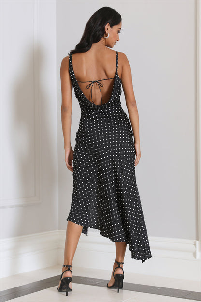 Dotted Moment Satin Polka Dot Midi Dress Black