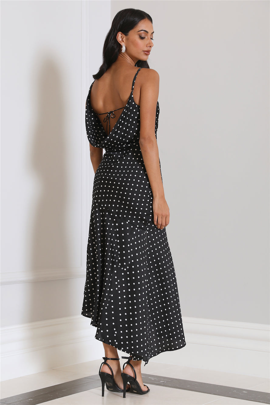 Dotted Moment Satin Polka Dot Midi Dress Black