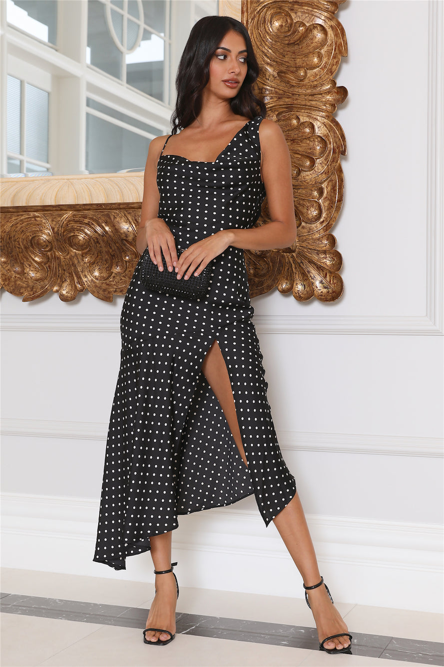 Dotted Moment Satin Polka Dot Midi Dress Black