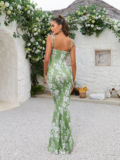 Tie Shoulder Fishtail Hem Floral Print Prom Dress