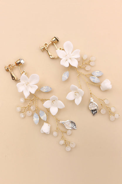 Fairy White Ceramic Flower Bridal Ear Clips