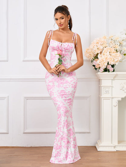 Tie Shoulder Fishtail Hem Floral Print Prom Dress