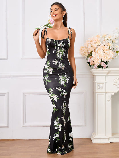 Tie Shoulder Fishtail Hem Floral Print Prom Dress