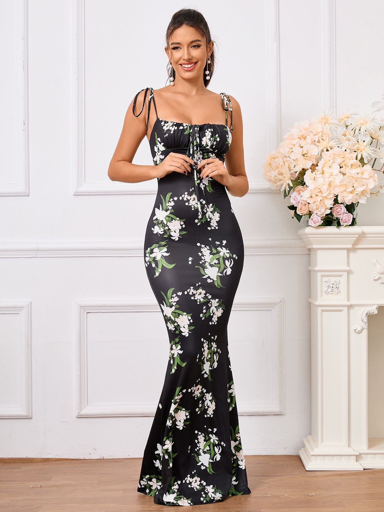 Tie Shoulder Fishtail Hem Floral Print Prom Dress